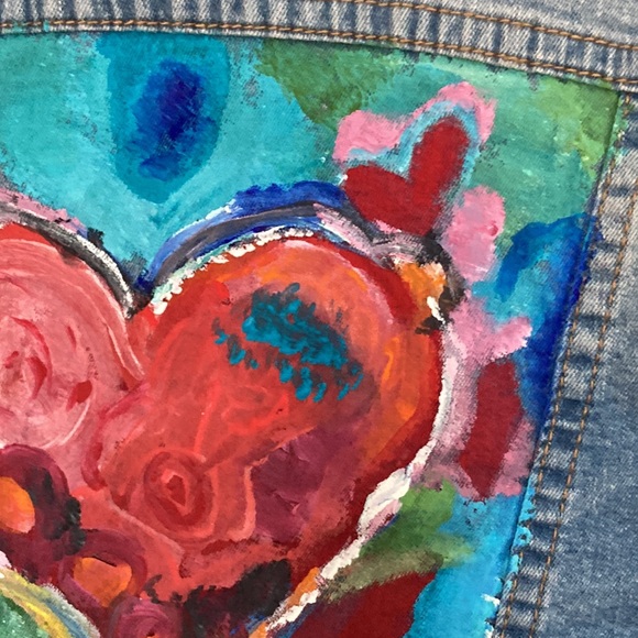Artisan Hand Painted Blue Notes Cropped Jean Jacket Abstract Heart Acryl… - Picture 10 of 12